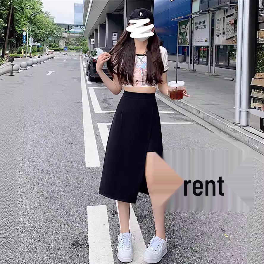 Women's Versatile High-Waist Black Slit Midi Skirt - Slimming Anti-Exposure Bodycon Design
