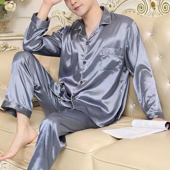 2 Pcs/Set Men Pajamas Set Satin Lapel Long Sleeve Single-breasted Patch Pocket Elastic Waist Soft Wide Leg Men Homewear Shirt Pants Set Fall