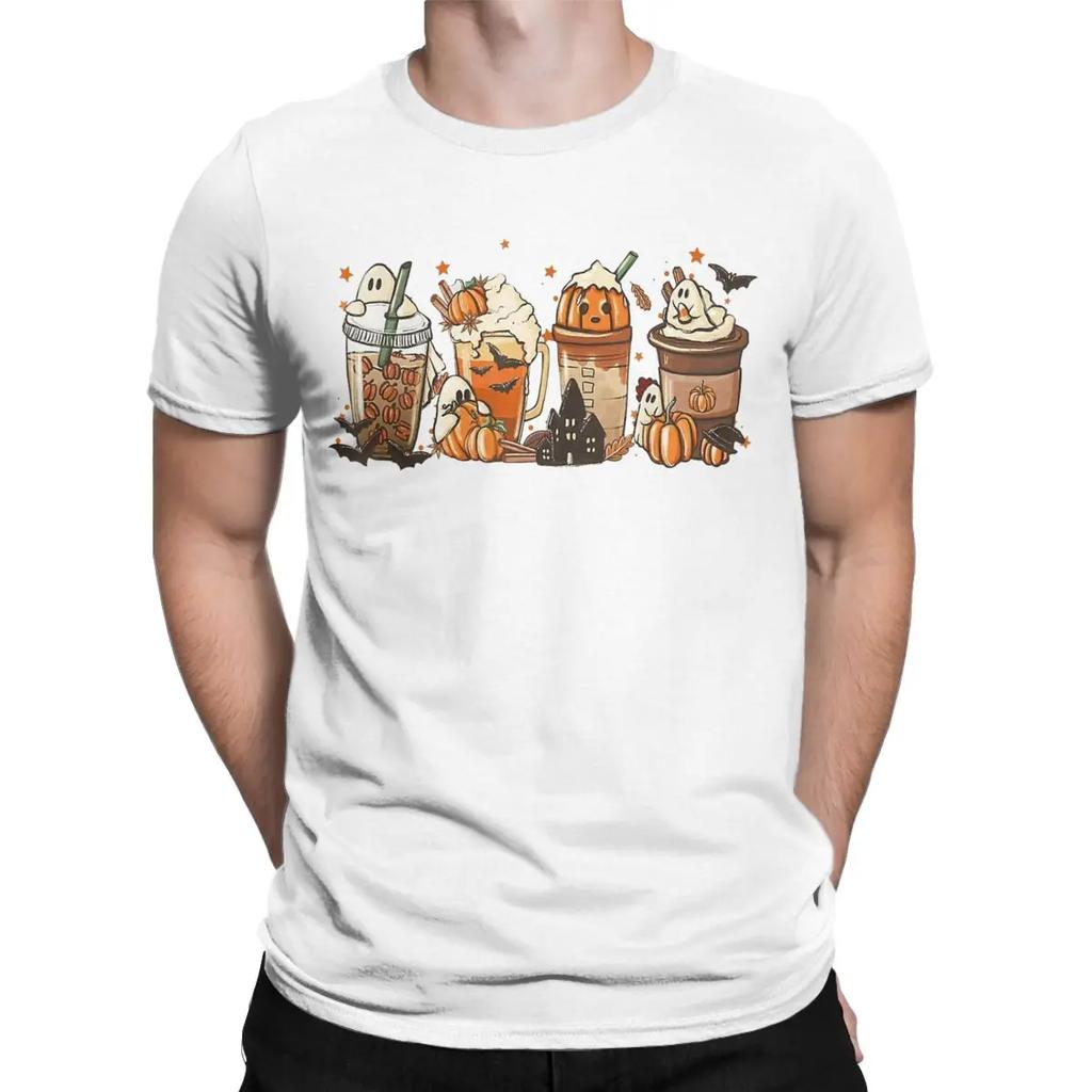 Men's T-Shirts Ghosts Boo Pumpkins Latte Coffee Crazy Pure Cotton Tee Shirt Short Sleeve Halloween Day T Shirts Round Collar Top