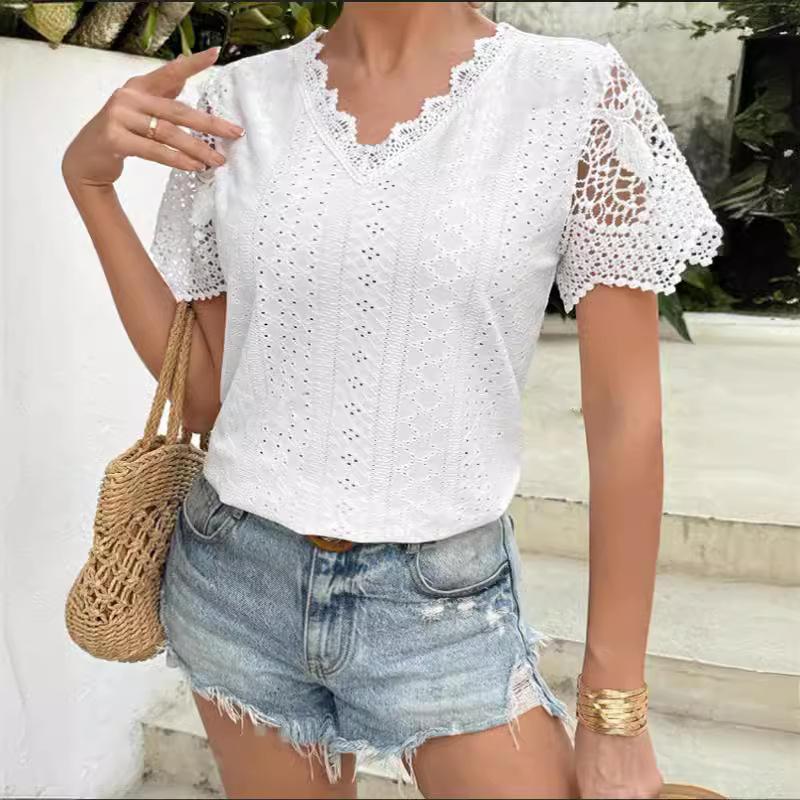 Summer Women's T-shirt with Sweet Lace Stitching Loose V-neck Short Sleeved T-Shirts Women’s