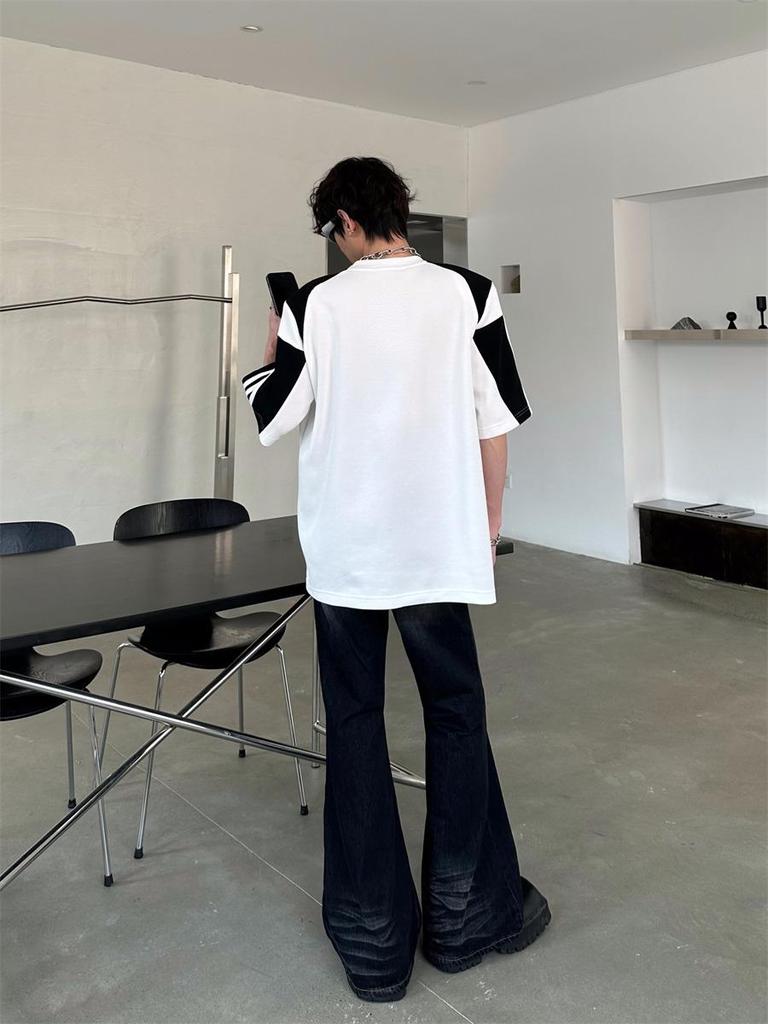 Унисекс футболка с цветными блоками и подплечниками - Мужской повседневный летний топ свободного кроя с коротким рукавом