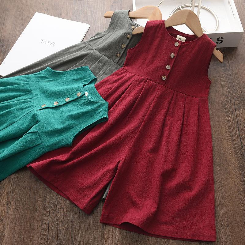 Girls Summer Solid Color Button Sleeveless Jumpsuit Midget Cotton Soft Jumpsuit