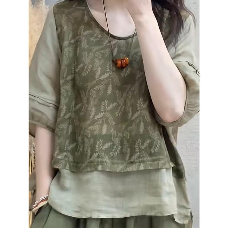 2023 Women's Summer Cotton & Linen Print Patchwork Harem Pants and Top Set