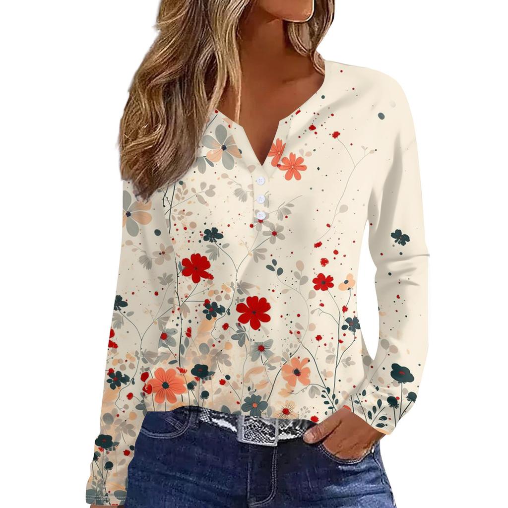 Женская модная повседневная футболка с v-образным вырезом и длинным рукавом с принтом, топ на пуговицах