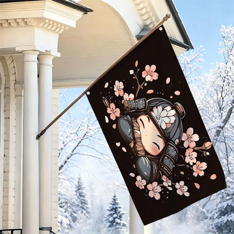 2D Flat - 2D Flat - 1pc 2D Flat, Decorative Flag, Japanese Samurai Cherry Blossom Pattern Flag, Cute General Armor Petal Illustration Wall Hanging Fla