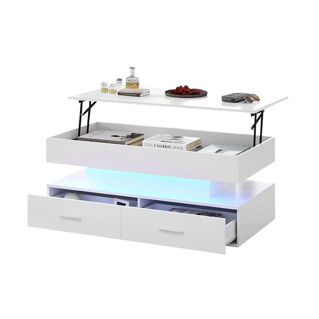 100*50*44cm Hydraulic Height-Adjustable Coffee Table, with LED Lighting, Bluetooth App Control, 2 Drawers and Open Storage, White Liftable