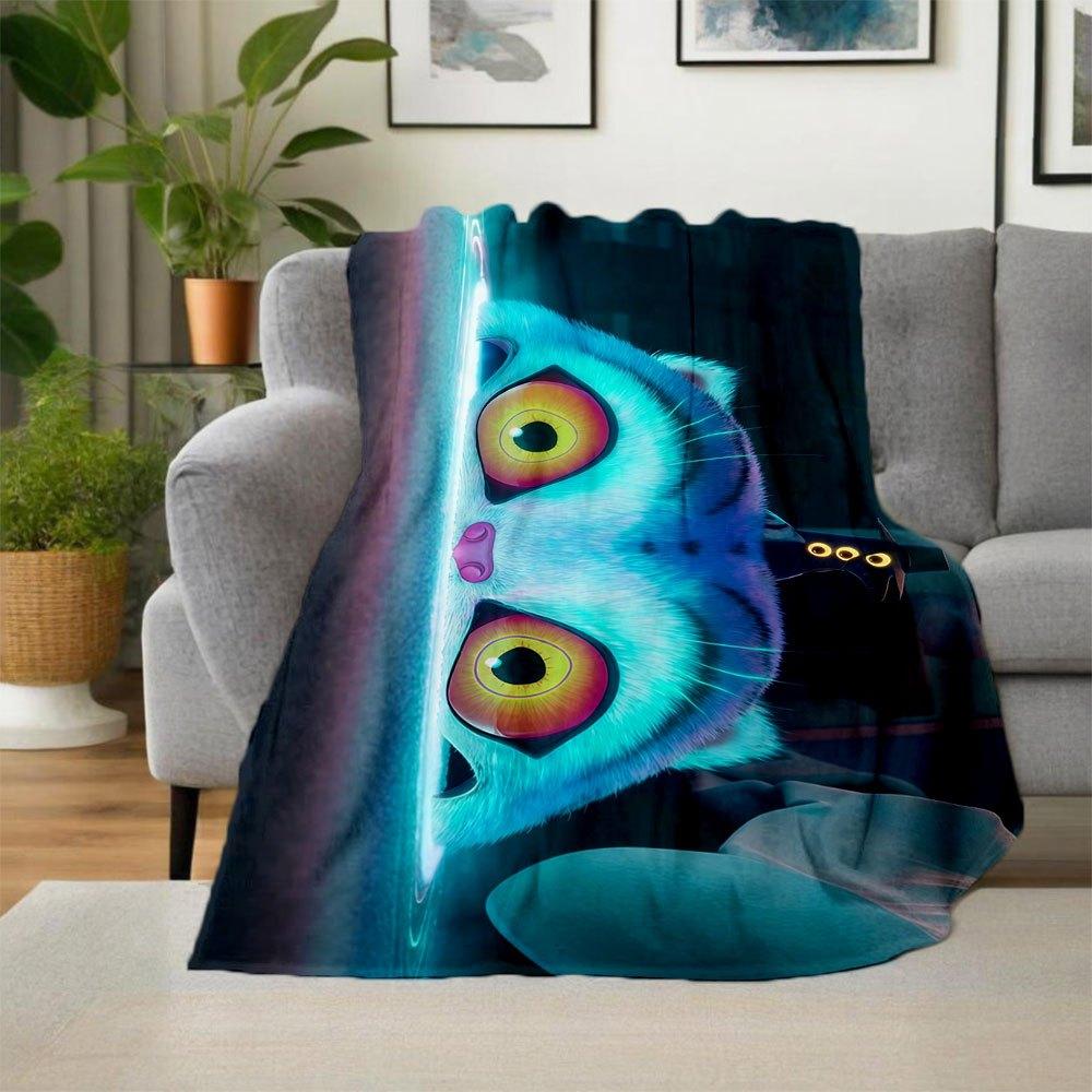 "Whimsical Cat with Trippy Eyes Wall Art Print"Blanket Lightweight Flannel Throw Blanket for Sofa, Bed, Travel, Camping, Livingroom, Office,