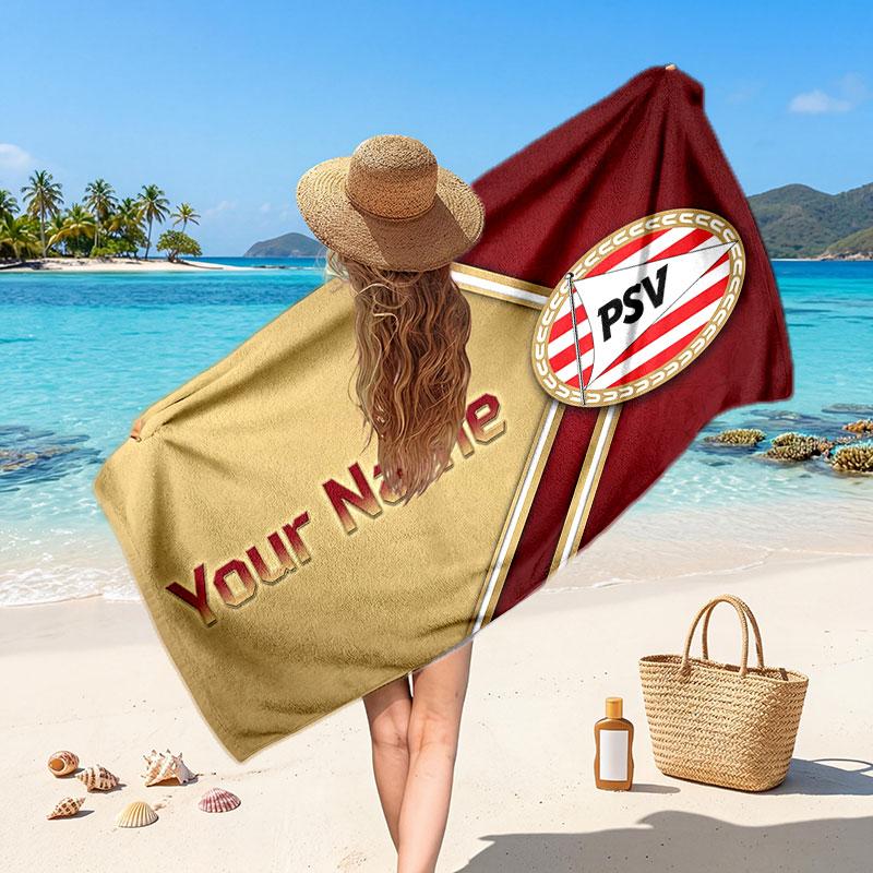 PSV Eindhoven FC Custom Beach Towel, Personalized Name Text Print, Football Logo Soft Quick‑Dry Towel Holiday Gift