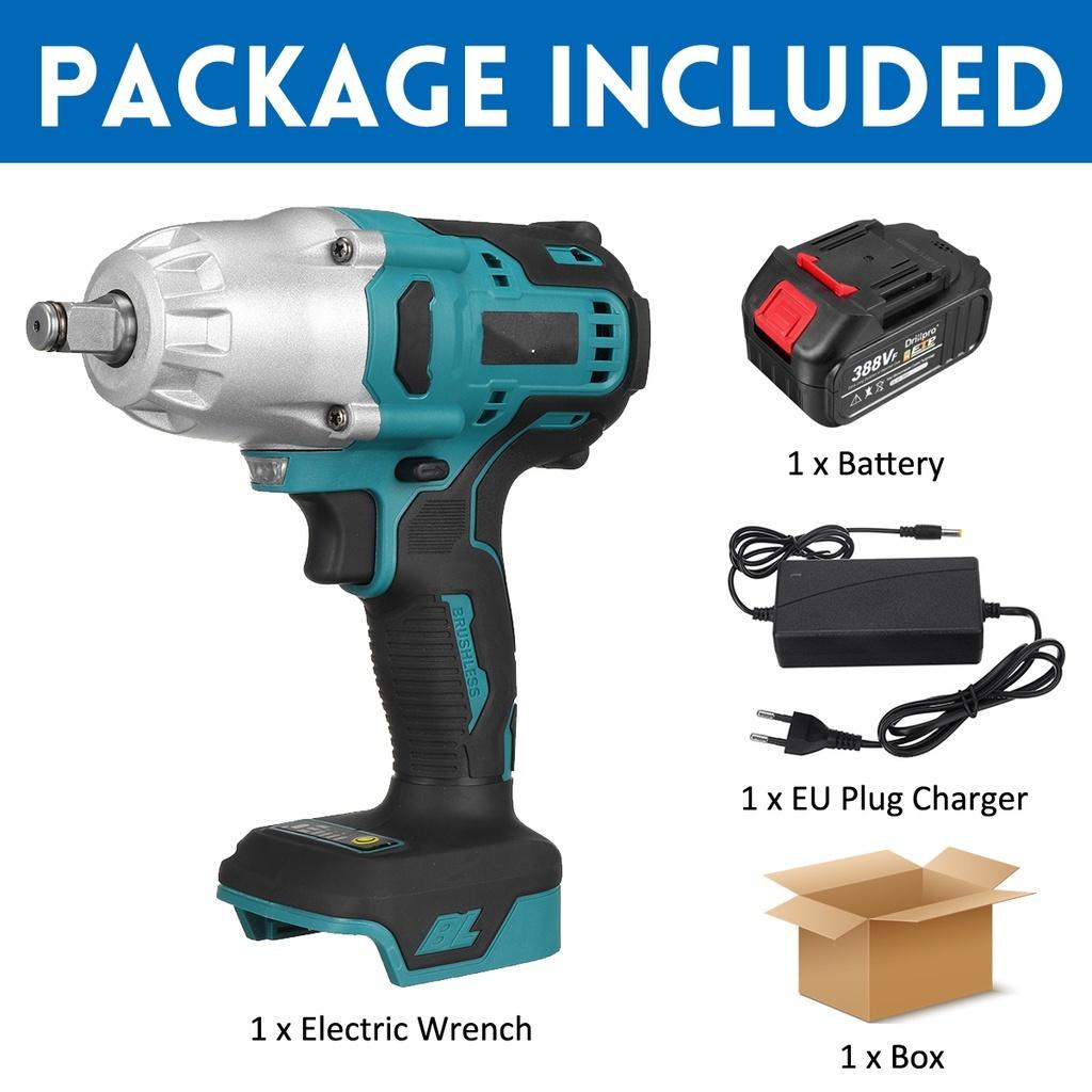 Высокий крутящий момент 800 Н·м Аккумуляторный бесщеточный электрический ударный гайковерт 388VF 1/2 дюйма Электроинструменты с 2 шт. 3,0 А·ч перезаряжаемыми батареями