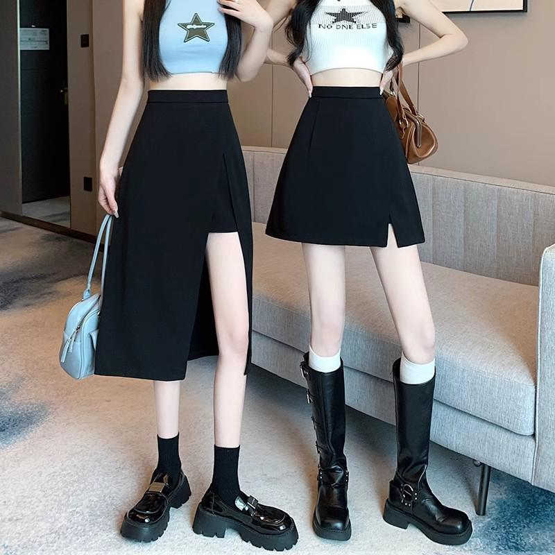 Женская черная юбка с неровным разрезом А-силуэта – средней длины, защищает от воздействия солнечных лучей, идеально подходит для весны и лета