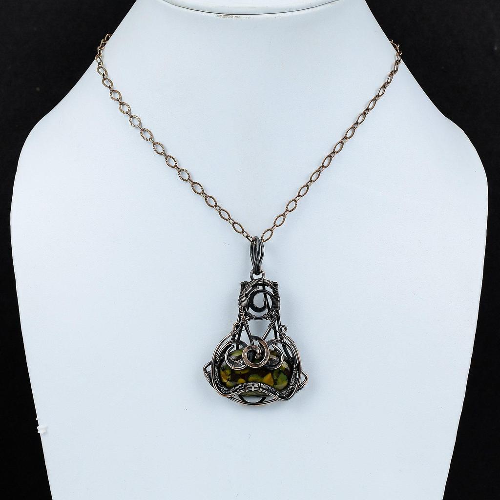 Кулон из фруктовой яшмы, кулон в медной проволоке, уникальный дизайн ювелирных изделий, элегантный кулон, медные украшения ручной работы, кулон с драгоценным камнем, подарок для него