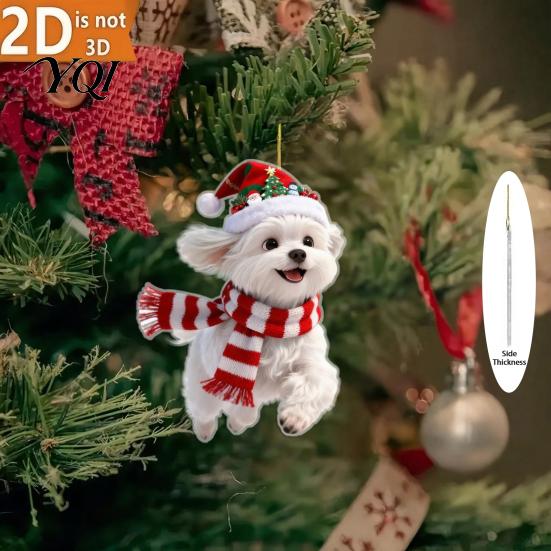 Christmas Tree Decorations 2 Pcs Dog Ornaments for Tree, 2D Flat Acrylic Festive Hanging Decoration Pendants with Hat And Scarf Holiday Home