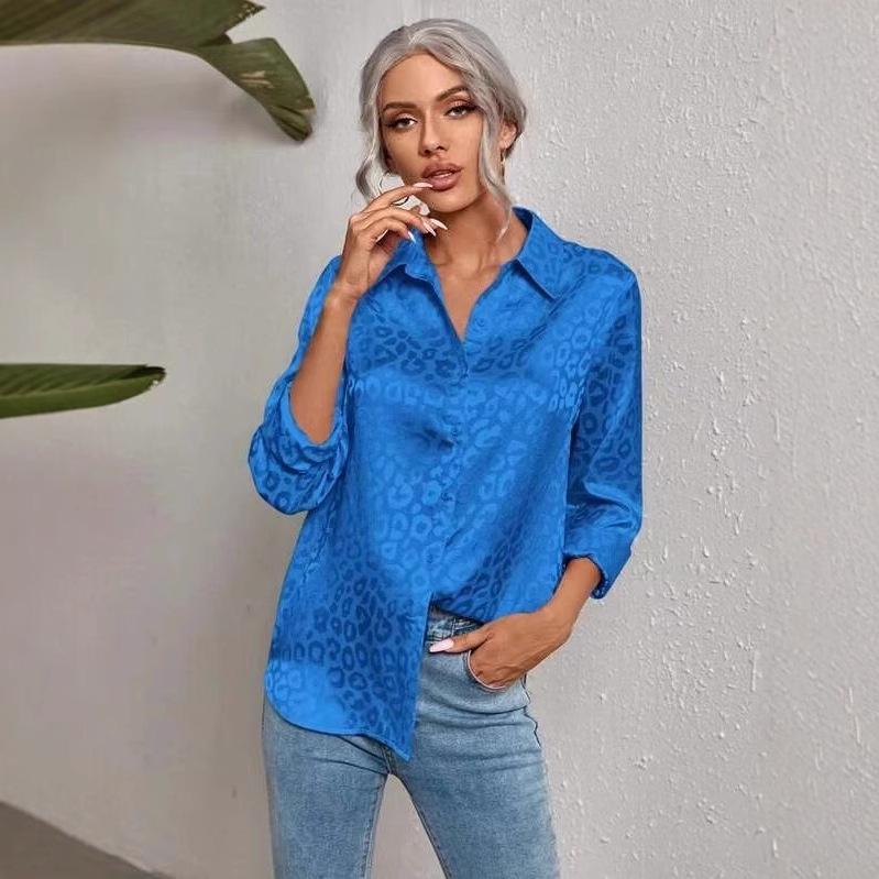 2024 Autumn Women's Elegant Satin Leopard Print Lapel Shirt