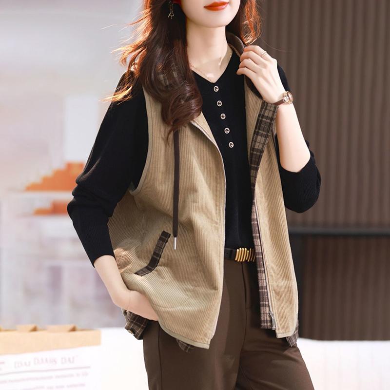 Hooded Vest Jacket Women's Spring and Autumn Zipper Solid Color Pockets Outside Sleeveless Tops