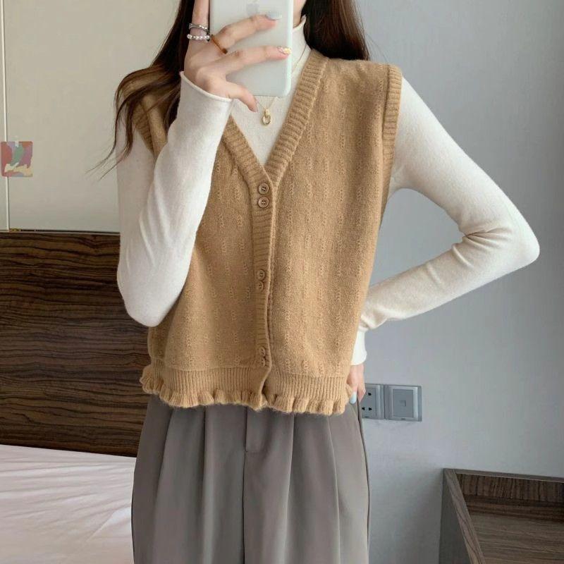Осенний вязаный свитер-жилет кардиган женский весенне-осенний кружевной отделкой короткий жилет без рукавов вязаный топ