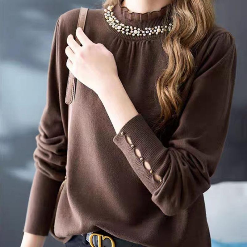 Осенне-зимний вязаный свитер женский корейский вариант бисерный кружевной воротник дизайн чувство длинный рукав темперамент свитер женский внутренний слой базовая рубашка