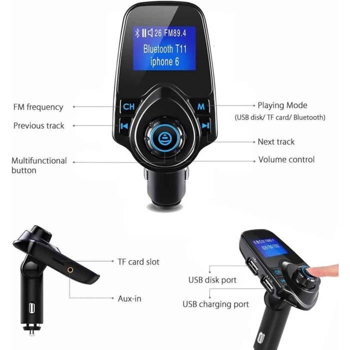 Bluetooth Transmetteur FM Radio Adaptateur Chargeur Voiture Allume-Cigare Car Kit avec 2 USB Chargeur Voiture Autoradio sans Fil éme