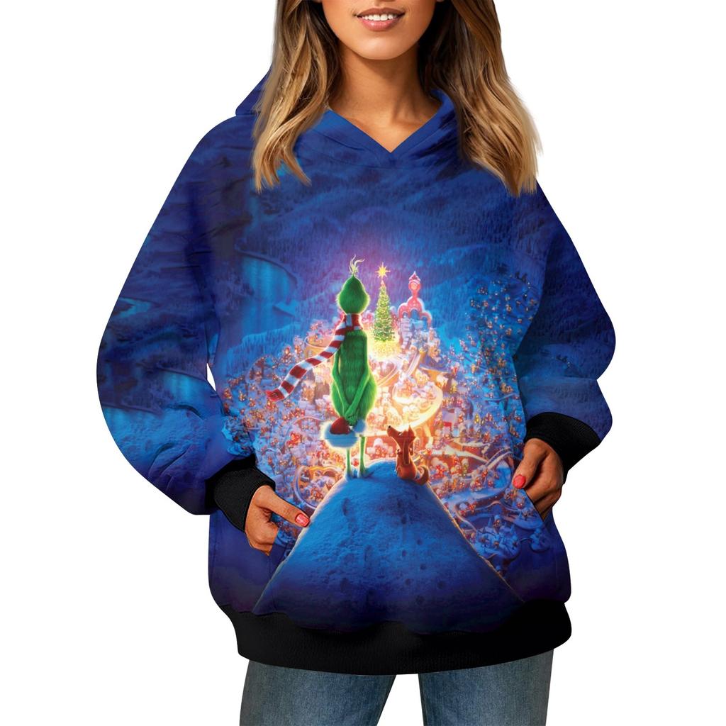 Ladies' Fashionable Long Sleeved Pullover With Christmas Print Hooded Pocket Sweatshirt