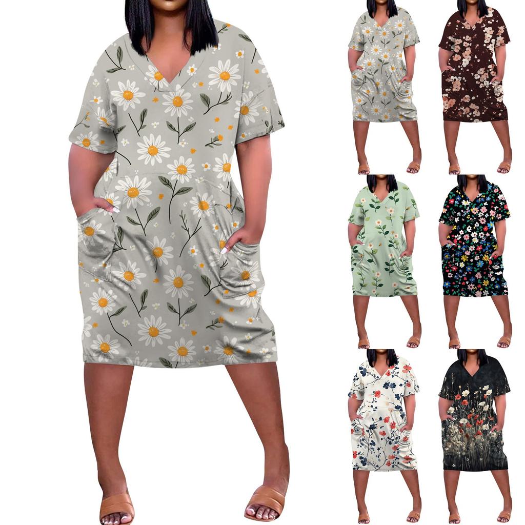 Летнее повседневное платье больших размеров с V-образным вырезом и коротким рукавом, карманом на колене для женщин
