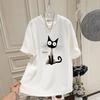 New Summer Retro Cat Trendy Large Version Loose White Short-sleeved T-shirt for Women Mid-length Butt