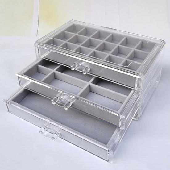 Акриловый органайзер для ювелирных изделий с 3 ящиками и несколькими отделениями, держатель для сережек, регулируемые подносы, пыленепроницаемая прозрачная шкатулка для драгоценностей