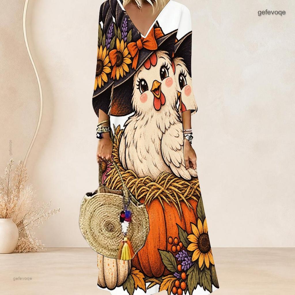 Plus Size Women V Neck 3 4 Sleeve Long Maxi Dress For Daily Leisure