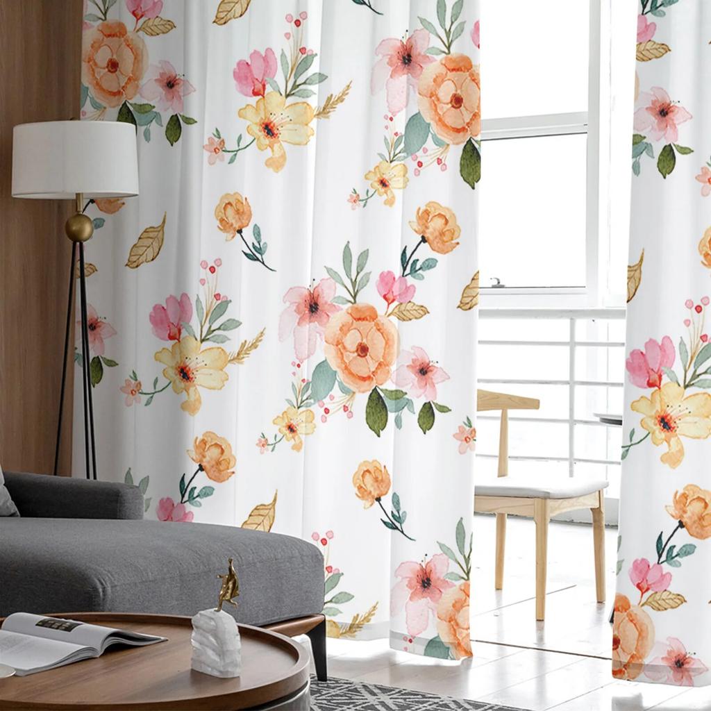 Summer Flowers Plants Green Leaves Watercolor Tulle Voile Curtains for Bedroom Living Room Window Curtain Sheer Organza Drapes
