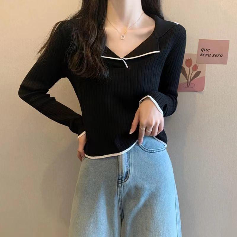 Polo Collar Pullover Knit Base Layer Top Women's Autumn Long Sleeve T-shirt Sweater Fall Clothing Spring Autumn Style
