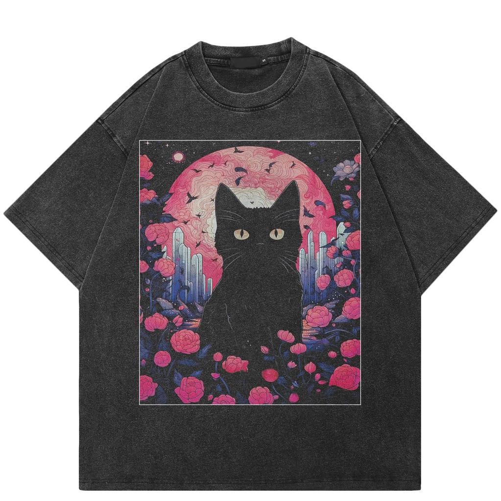 Streetwear Cartoon Cat Monster Vintage Washed Black T-Shirt Cotton Unisex Relaxed Fit Tops Tees