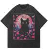 Streetwear Cartoon Cat Monster Vintage Washed Black T-Shirt Cotton Unisex Relaxed Fit Tops Tees