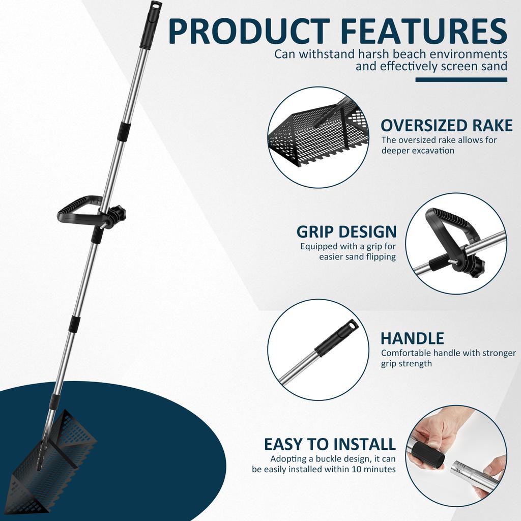 Песчаные блохи Грабли Нержавеющая сталь Песочный просеиватель Съемная длинная ручка 52/68 дюймов Складной просеиватель с зубами акулы для пляжного песка Краб