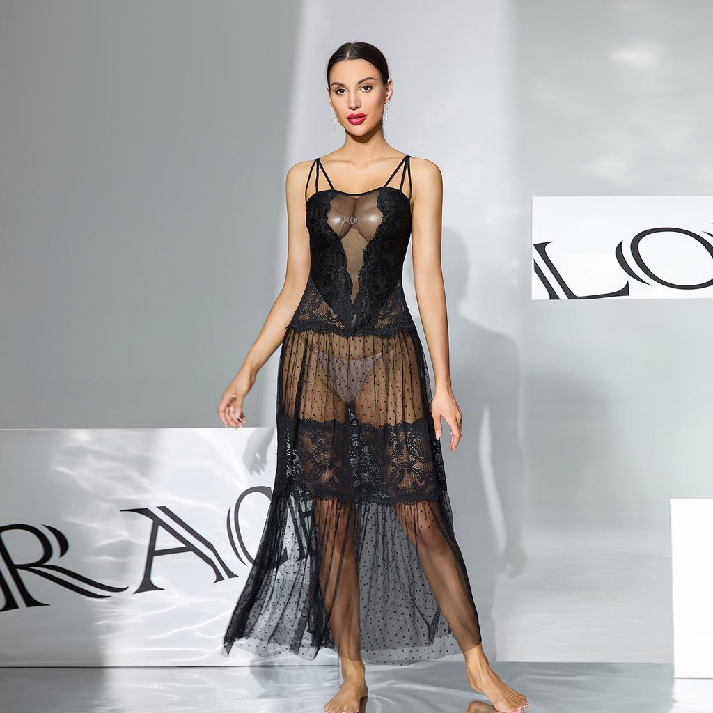 Сетчатая кружевная майка-ночнушка в горошек, длинная, прозрачная, дышащая, приятная для кожи, моделирующая домашняя одежда 408, выгодно подчеркивающая фигуру, удобная одежда для сна с классическими принтами