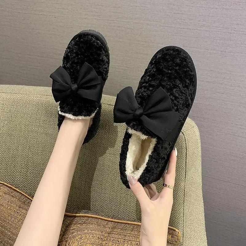 Fashion Women Moccasin Shoes Bow-Knot Slip-on Female Footwear Clogs Platform Loafers Fur Round Toe Casual Sneaker Winter Moccasins Butte