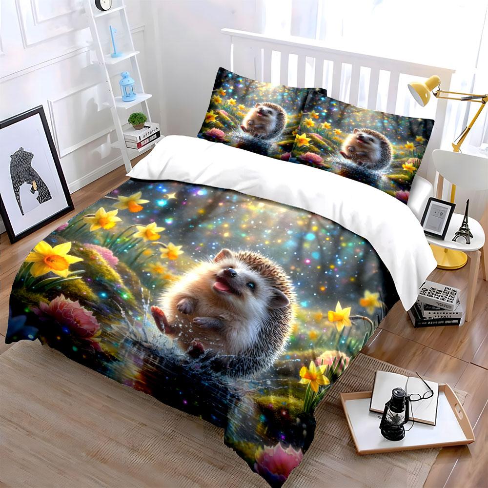 "Adorable Hedgehog Nature Scene Decor" Bedding Set with 1 Duvet Cover 2 Pillowcases Single Double King Queen, Gift