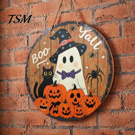 Waterproof Halloween Wall Art Boo Wood Door Hanger Sign with Cute Ghost Black Hat Pumpkin Print, Front Solid Yard Decoration Porch Decor, Round Wooden