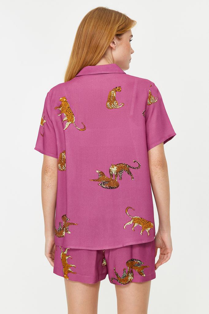 Women's Fashion New Pajama Set Dark Rose Animal Patterned Viscose Shirt-Shorts Woven Pajama Set