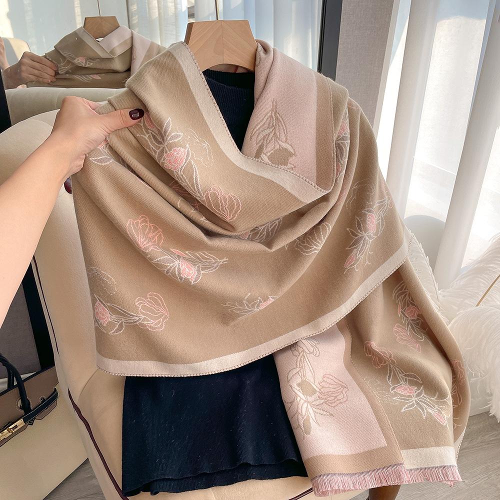 Korean Version Printed Imitation Cashmere Scarf Women'S Winter Double-Sided Thickened Neck Protection Scarf Air Conditioner Shawl