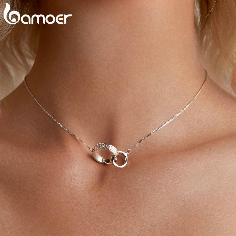 BAMOER стерлингового серебра 925 пробы двойной круг подвеска Mobius цепочка на шею с крыльями ангела для женщин подарок на день рождения изящные ювелирные изделия