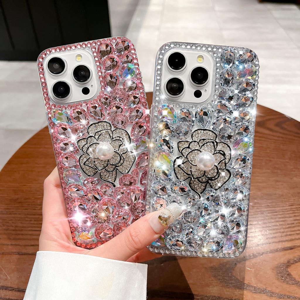 Full Diamond Camellia Apple 16promax Rhinestone Mobile Phone Case Female Iphone15 Protective Case for 14 Luxury 13