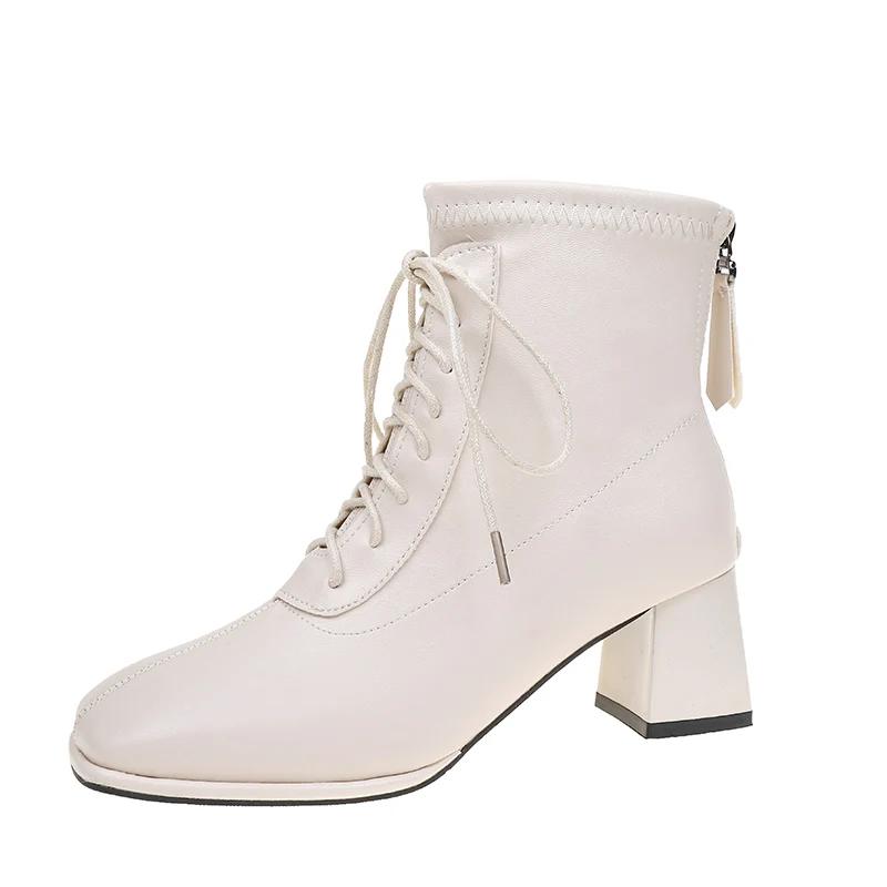 Comfortable Women's Boots Square Toe Mid-calf Boots for Women British Style Thick Front Lace-up Women's Boots