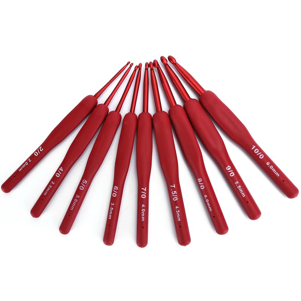 9Pcs Ergonomic Crochet Hook Sweater Sewing Thread Red Handle Craft Accessories Knitting Tools