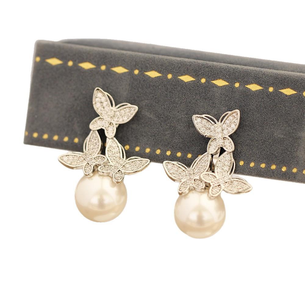 High-end wedding dress, wedding earrings, diamond-encrusted, exquisite butterfly pearl earrings, temperament, versatile earrings, ear clips, women