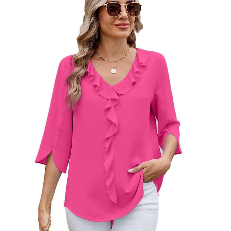 Women's Spring and Summer New Solid Colour V-neck Ruffled Loose Mid-sleeved Chiffon Shirt Shirt