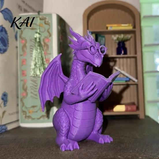 Dragon Figurine for Bookshelf Reading with Glasses, Statue, 3D Printed Decorative Book Holder Decor, Whimsical Desktop Ornament, Gift Lovers Sculpture
