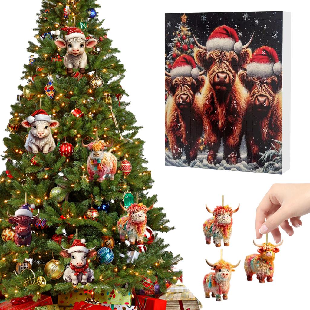 Christmas Advent Calendar Highland Cow Christmas Countdown 24pcs Christmas Tree Highland Cow Pendants Ornament 2D Flat Gift