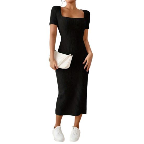 Women Summer Dress Square Neck Split Hem Knitted Elastic Skinny Solid Color Mid-calf Length Short Sleeves Lady Party Commute Midi Dress