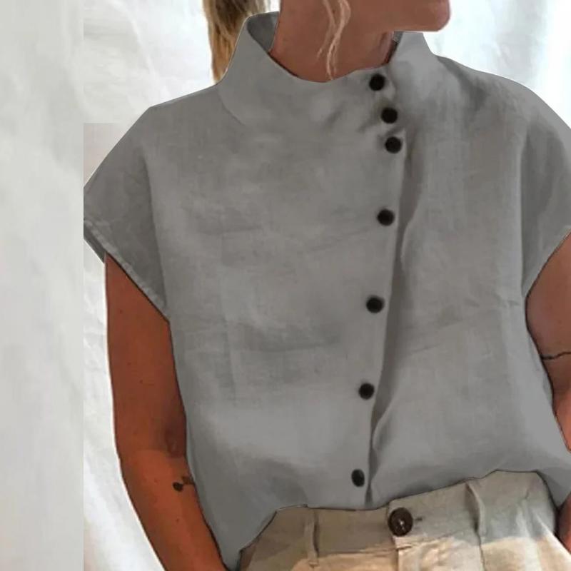 Необычная хлопковая блузка на пуговицах, белый топ, зеленый, черный, воротник-стойка, повседневная рубашка для женщин, рубашки с коротким рукавом