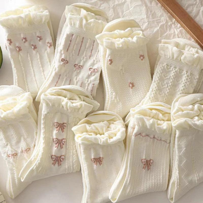 Корейские носки средней длины с розовым бантом и принтом, хлопковые носки JK Lolita с кружевными оборками для девочек, белые летние носки Kawaii Harajuku