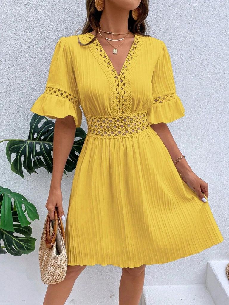 Fashion Women's Summer V Neck Casual Fashion Solid Color Pullover  Dress