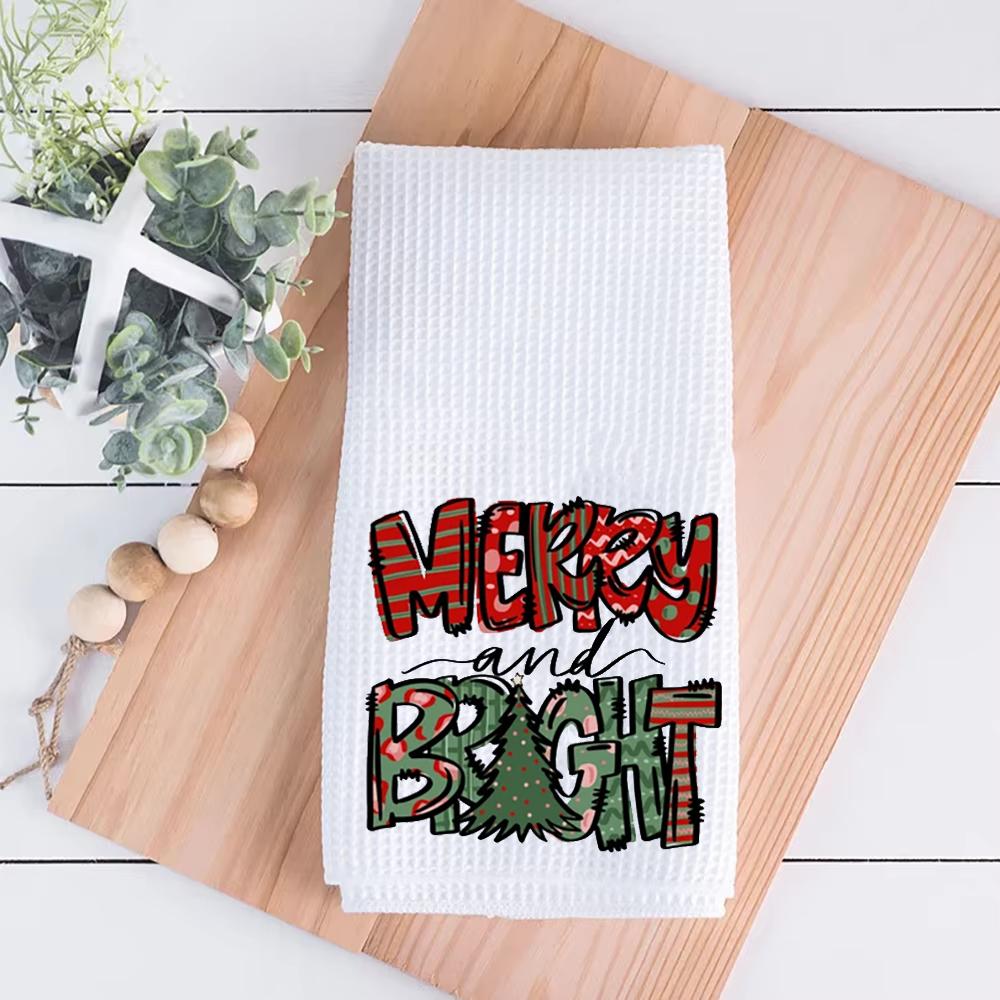 Christmas Towels Dish Waffle Tea Towel Merry and Bright Recipe Kitchen Towel Christmas Kitchen Decor Housewarming Hostess Gift